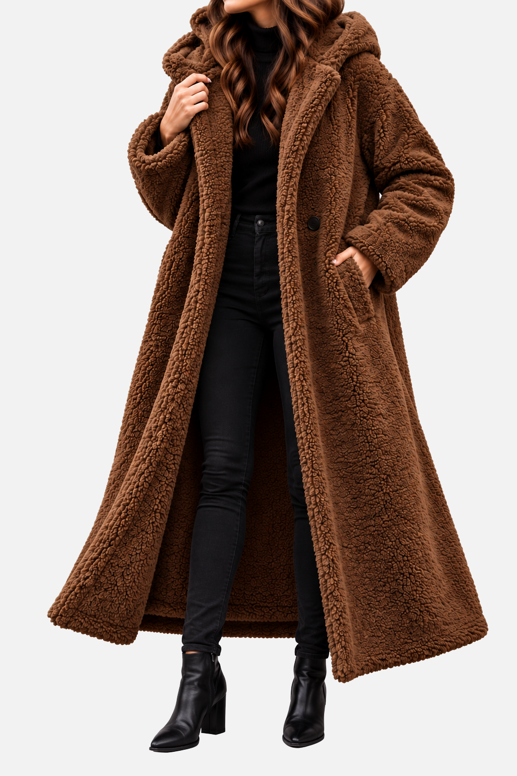 Carinova Women's Hooded Teddy Fleece Long Coat